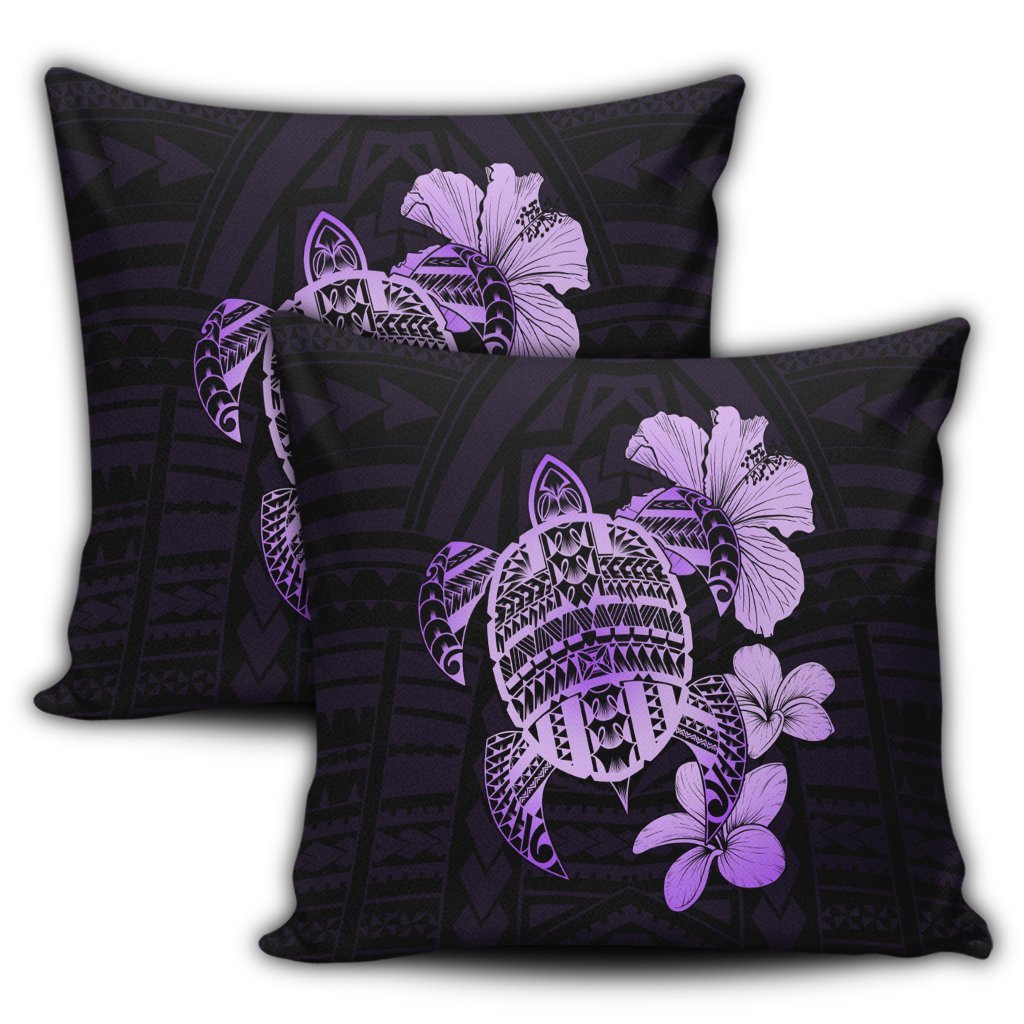 Hawaiian Kanaka Hibiscus Plumeria Mix Polynesian Turtle Pillow Covers - Violet - AH - Polynesian Pride