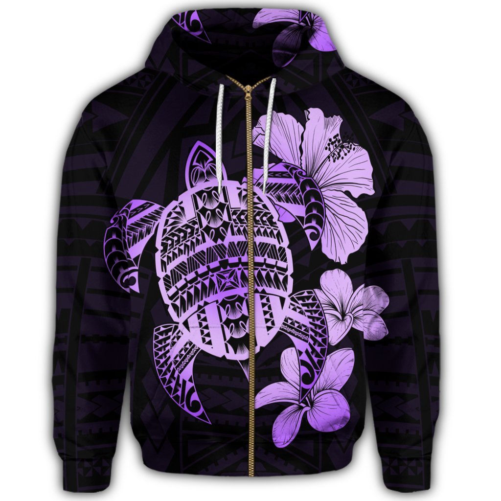 Hawaiian Kanaka Hibiscus Plumeria Mix Polynesian Turtle Zip Hoodie Violet - Polynesian Pride