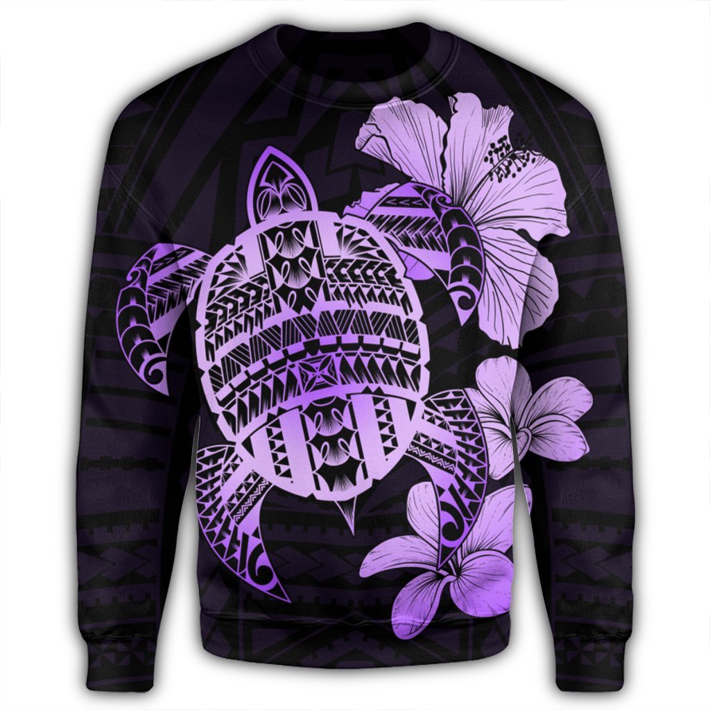Hawaiian Kanaka Hibiscus Plumeria Mix Polynesian Turtle Sweatshirt - Violet - AH - Polynesian Pride