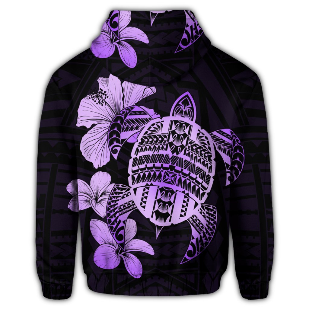 Hawaiian Kanaka Hibiscus Plumeria Mix Polynesian Turtle Zip Hoodie Violet - Polynesian Pride
