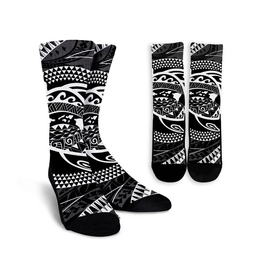 Hawaiian Kanaka Honu Hibiscus Tornando Polynesian Crew Socks - AH Crew Socks White - Polynesian Pride