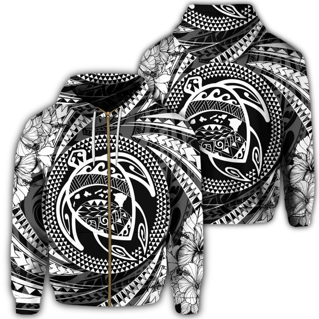 Hawaiian Kanaka Honu Hibiscus Tornando Polynesian Zip Hoodie Unisex Art - Polynesian Pride