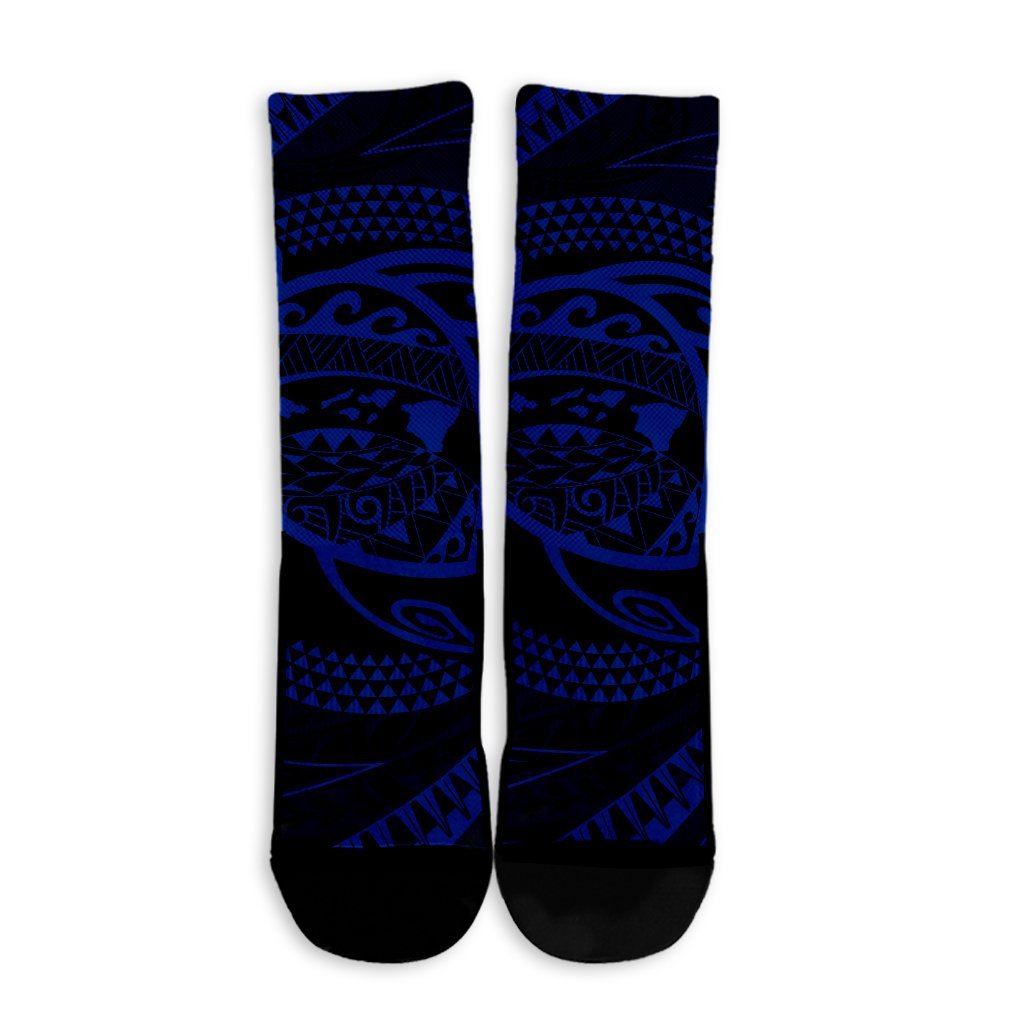 Hawaiian Kanaka Honu Hibiscus Tornando Polynesian Blue Crew Socks - AH - Polynesian Pride