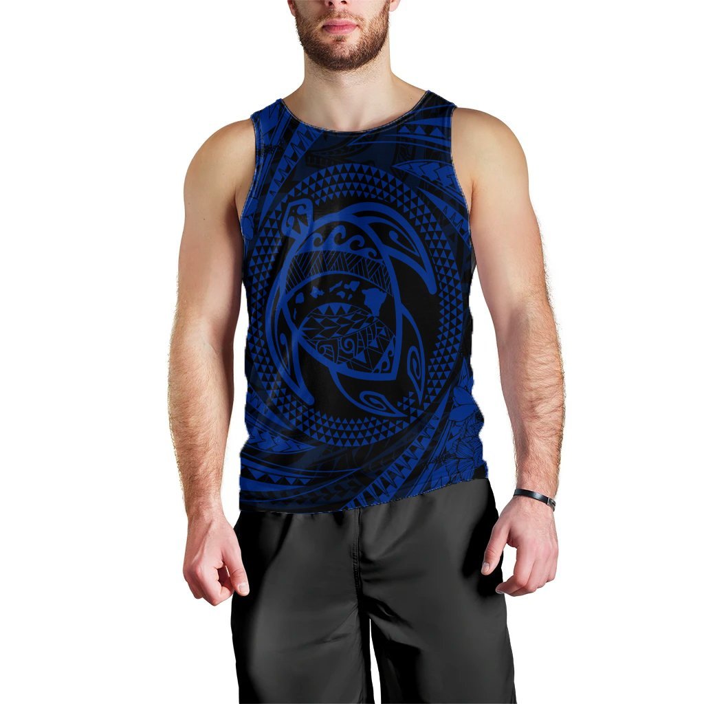 Hawaiian Kanaka Honu Hibiscus Tornando Polynesian Blue Tank Top - AH Black - Polynesian Pride