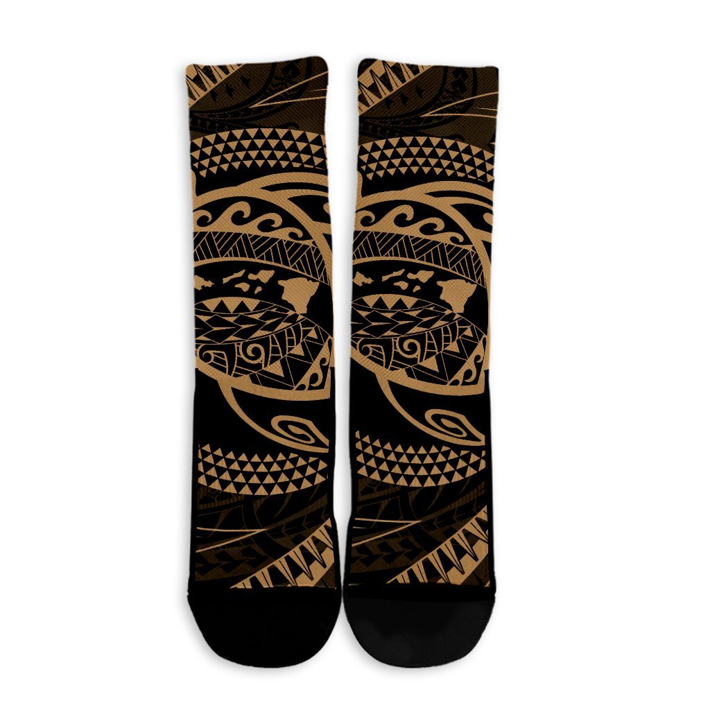 Hawaiian Kanaka Honu Hibiscus Tornando Polynesian Gold Crew Socks - AH - Polynesian Pride