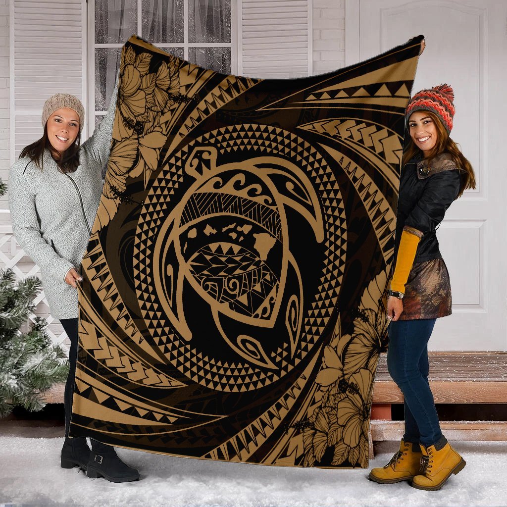 Hawaiian Kanaka Honu Hibiscus Tornando Polynesian Gold Premium Blankets - AH - Polynesian Pride
