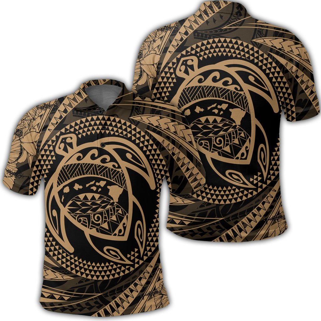 Hawaiian Kanaka Honu Hibiscus Tornando Polynesian Gold Polo Shirt Unisex Black - Polynesian Pride