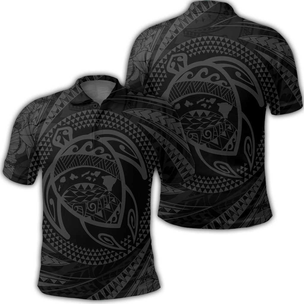 Hawaiian Kanaka Honu Hibiscus Tornando Polynesian Gray Polo Shirt Unisex Black - Polynesian Pride