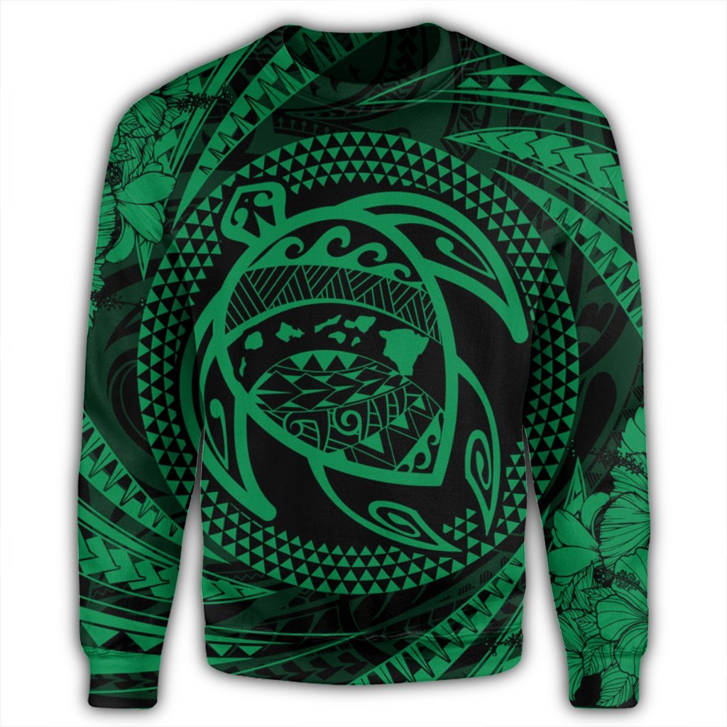Hawaiian Kanaka Honu Hibiscus Tornando Polynesian Green Sweatshirt - AH - Polynesian Pride