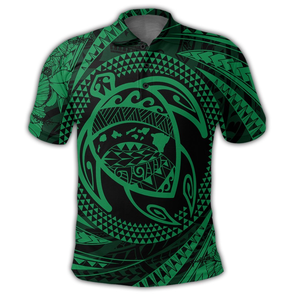 Hawaiian Kanaka Honu Hibiscus Tornando Polynesian Green Polo Shirt - Polynesian Pride