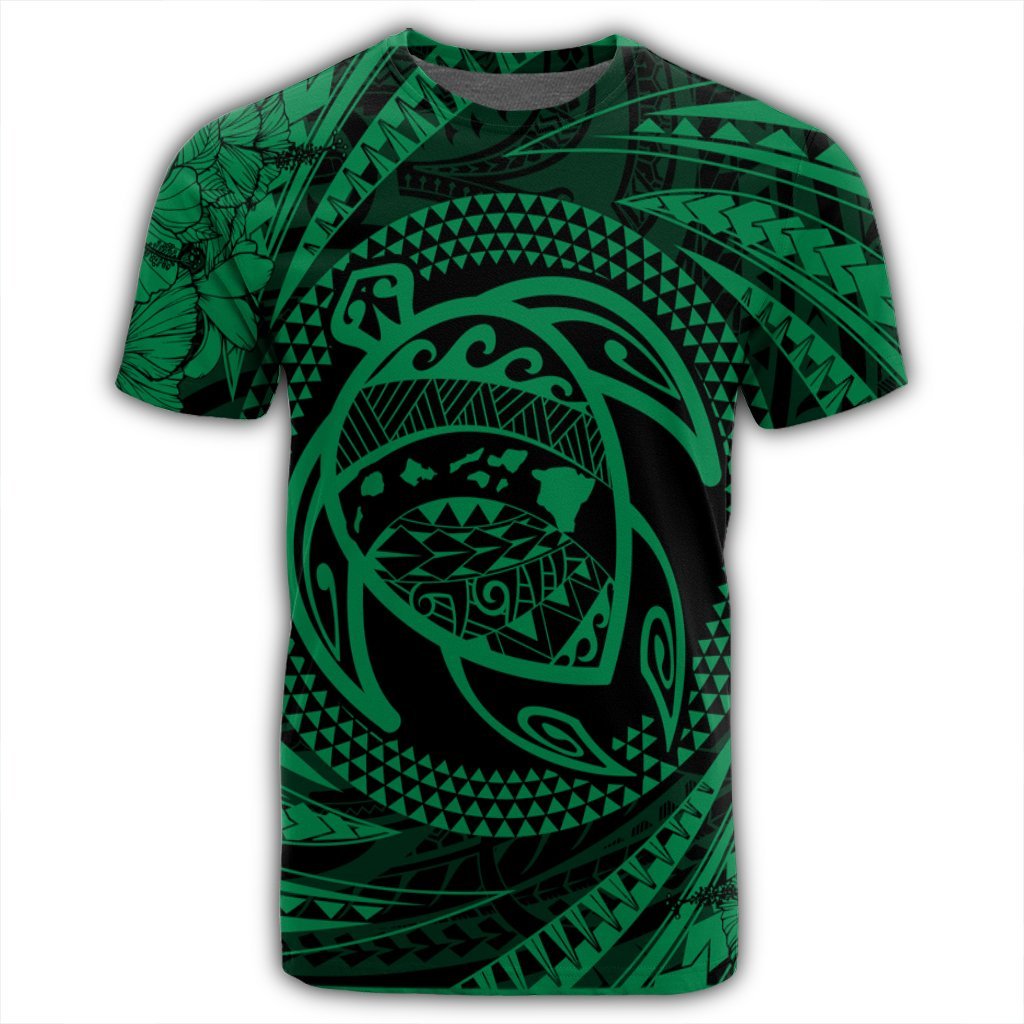 Hawaiian Kanaka Honu Hibiscus Tornando Polynesian Green T Shirt - Polynesian Pride