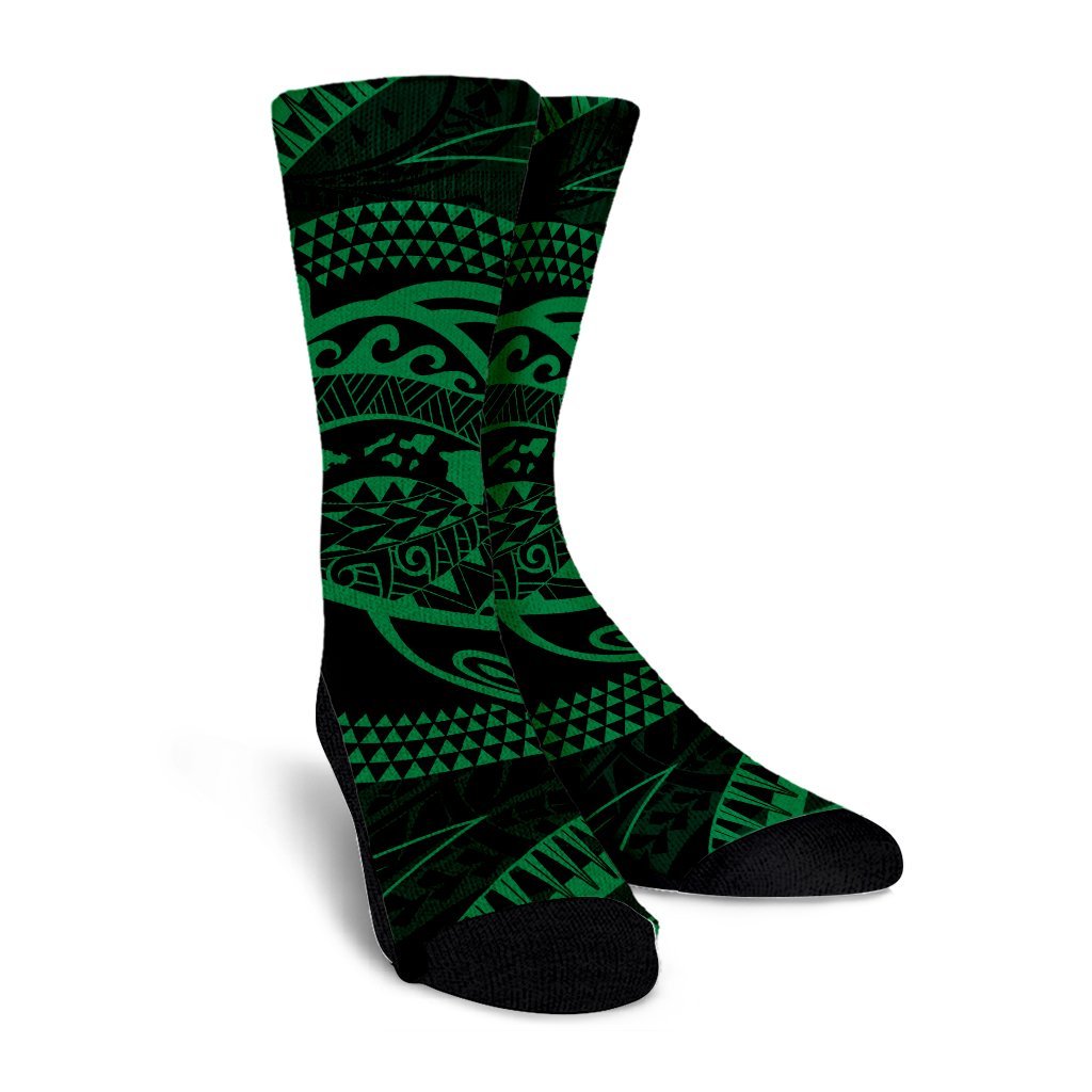 Hawaiian Kanaka Honu Hibiscus Tornando Polynesian Green Crew Socks - AH - Polynesian Pride