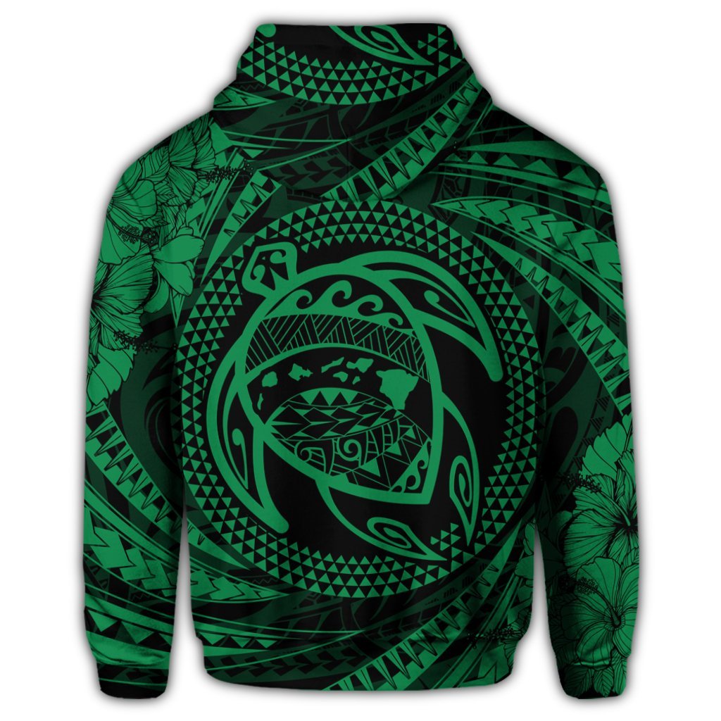 Hawaiian Kanaka Honu Hibiscus Tornando Polynesian Green Zip Hoodie - Polynesian Pride