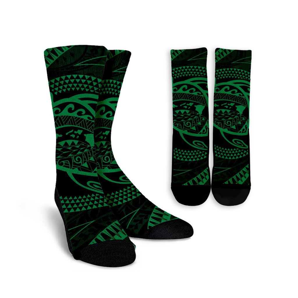 Hawaiian Kanaka Honu Hibiscus Tornando Polynesian Green Crew Socks - AH Crew Socks White - Polynesian Pride