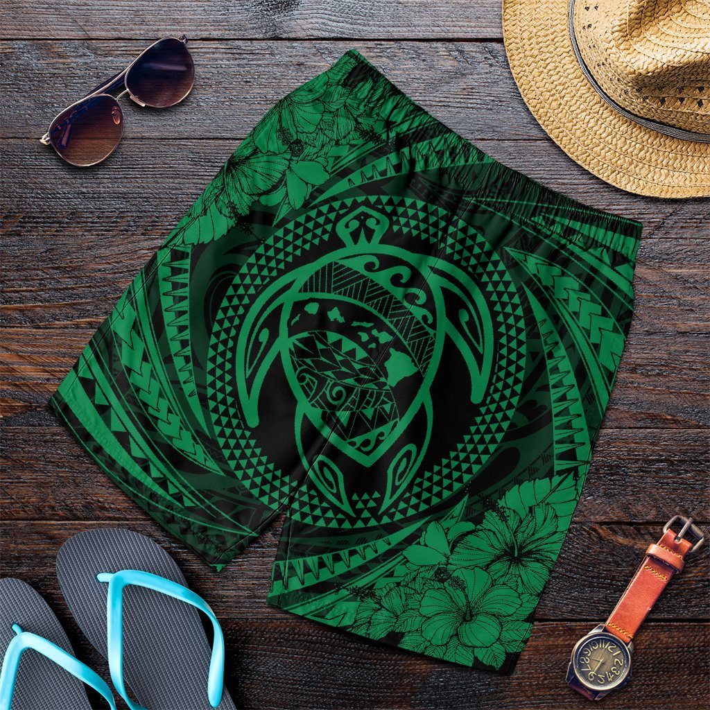 Hawaiian Kanaka Honu Hibiscus Tornando Polynesian Green Men's Shorts - AH Art - Polynesian Pride