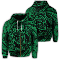 Hawaiian Kanaka Honu Hibiscus Tornando Polynesian Green Zip Hoodie Unisex Art - Polynesian Pride