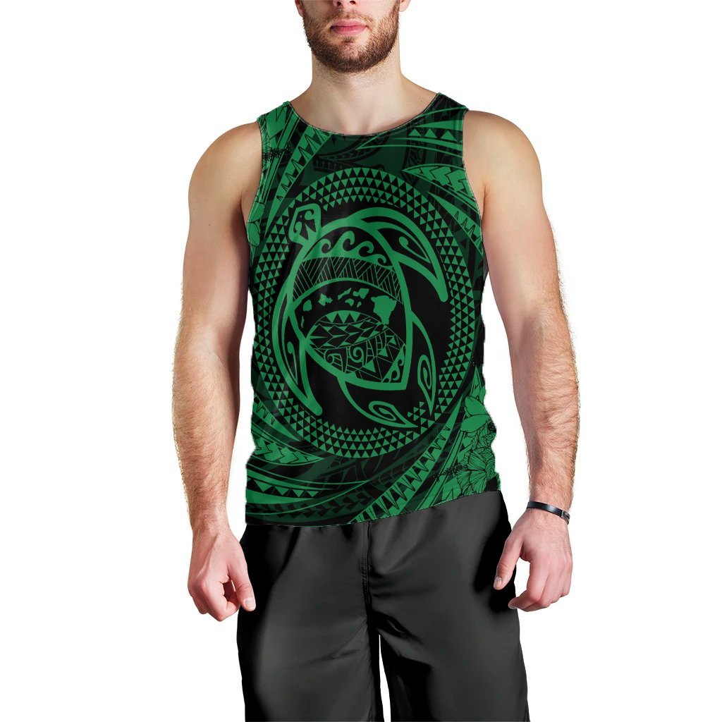 Hawaiian Kanaka Honu Hibiscus Tornando Polynesian Green Tank Top - AH Black - Polynesian Pride