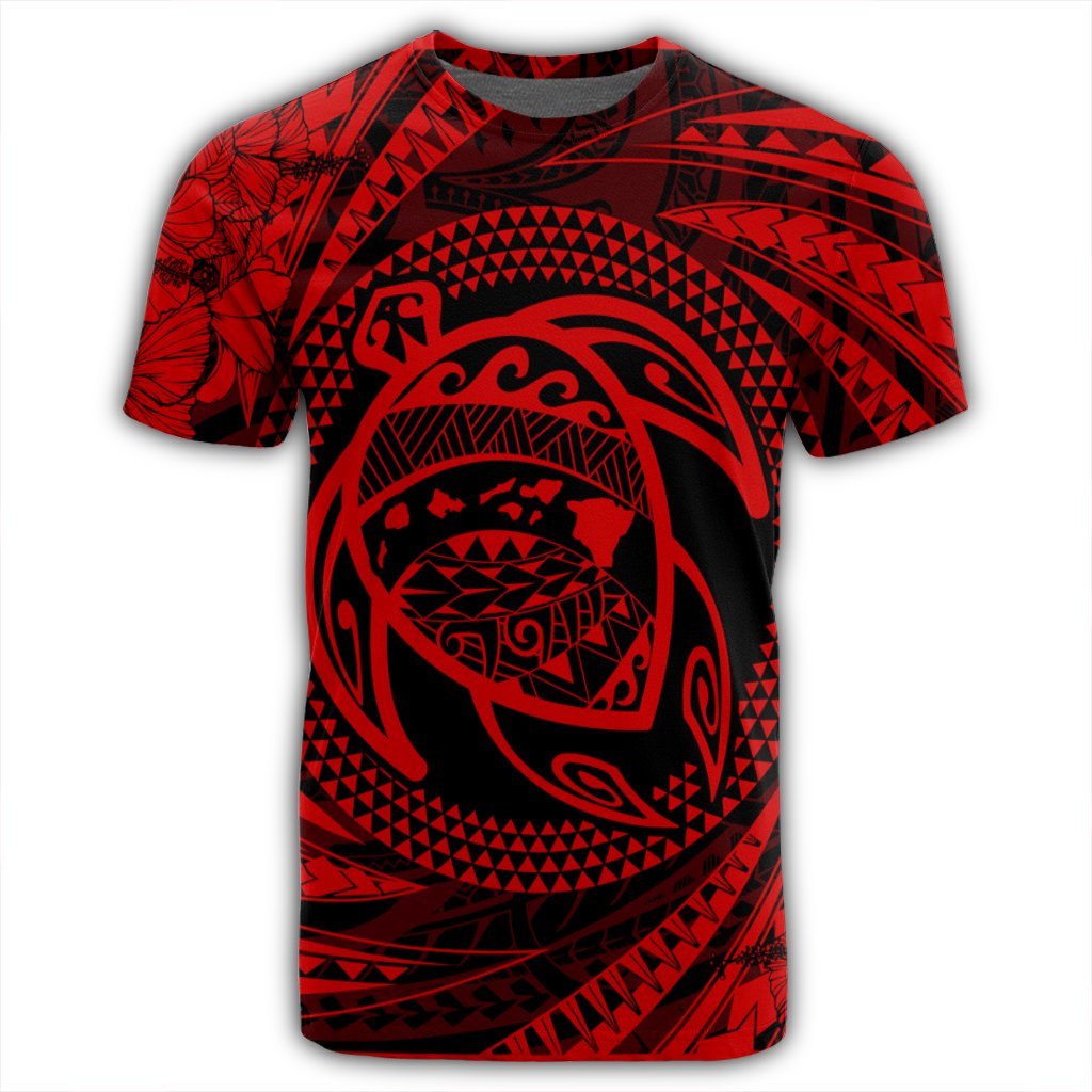 Hawaiian Kanaka Honu Hibiscus Tornando Polynesian Red T Shirt - Polynesian Pride