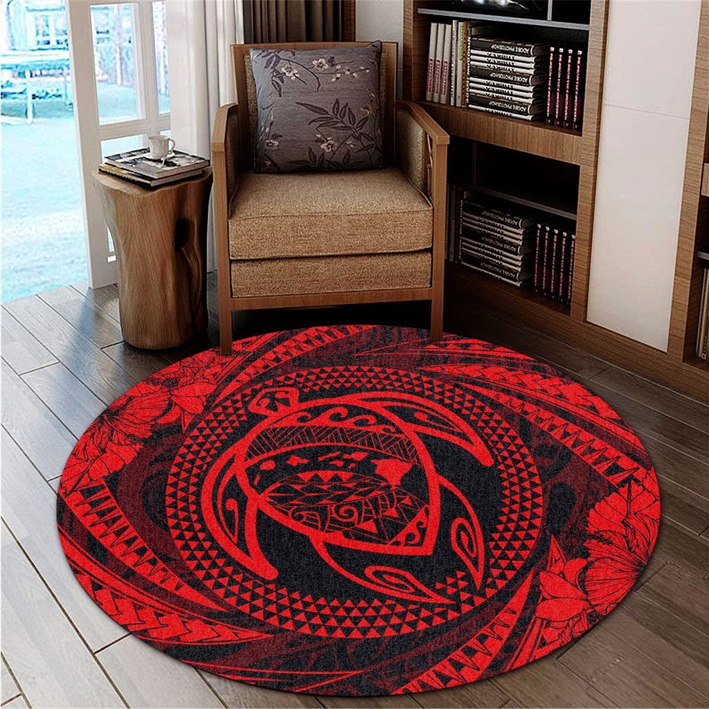 Hawaiian Kanaka Honu Hibiscus Tornando Polynesian Red Round Carpet - AH - Polynesian Pride