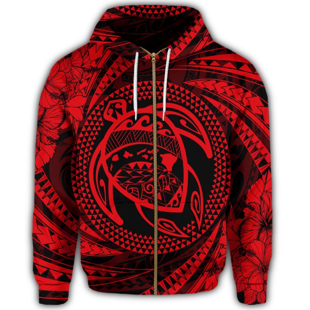 Hawaiian Kanaka Honu Hibiscus Tornando Polynesian Red Zip Hoodie - Polynesian Pride