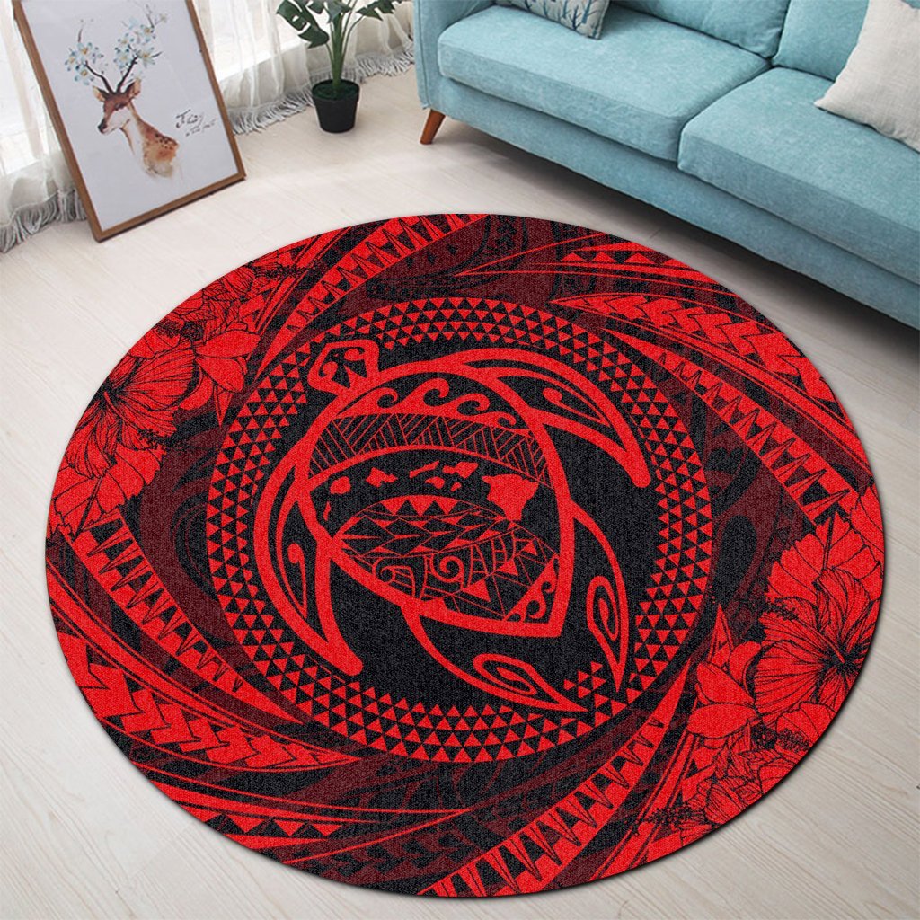 Hawaiian Kanaka Honu Hibiscus Tornando Polynesian Red Round Carpet - AH - Polynesian Pride