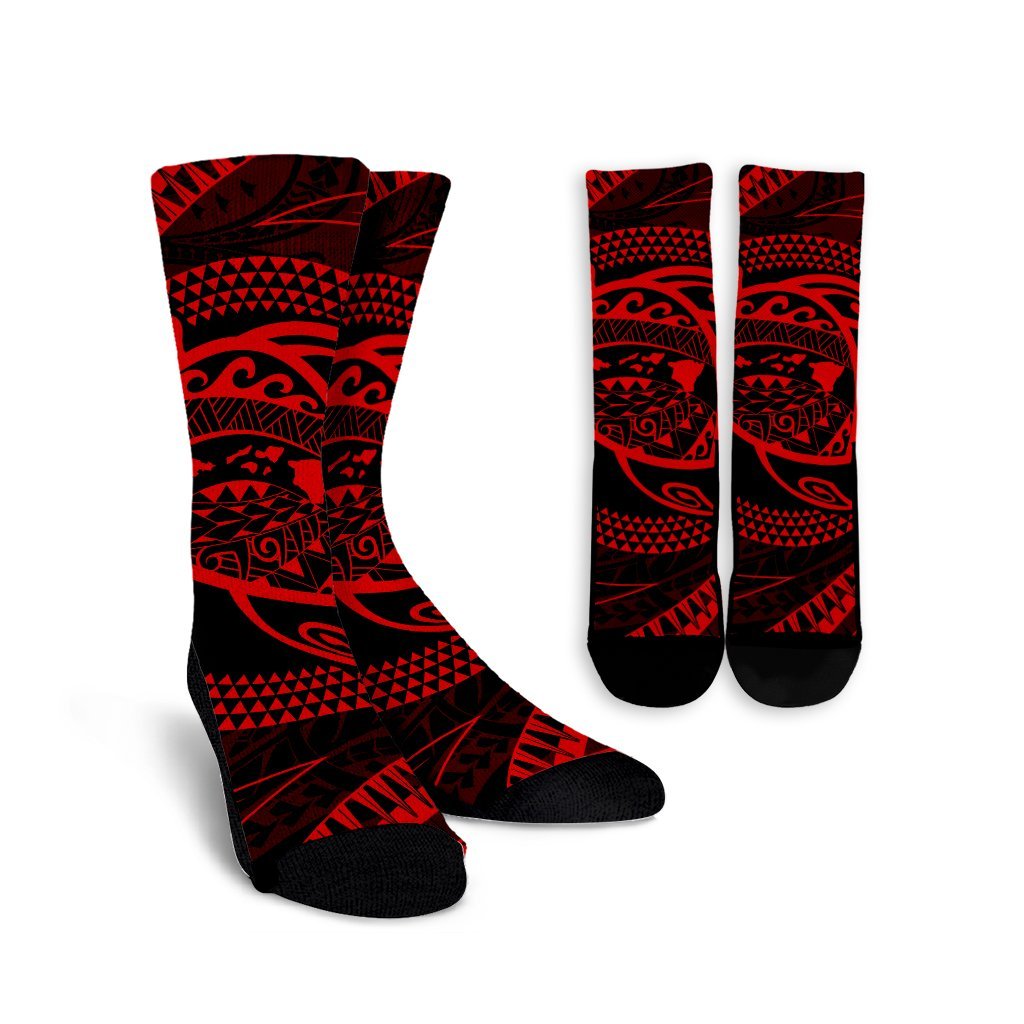 Hawaiian Kanaka Honu Hibiscus Tornando Polynesian Red Crew Socks - AH Crew Socks White - Polynesian Pride