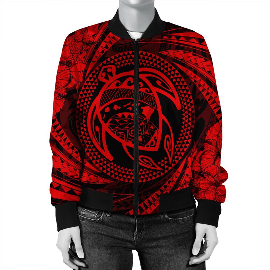 Hawaiian Kanaka Honu Hibiscus Tornando Polynesian Red Bomber Jacket - AH - Polynesian Pride