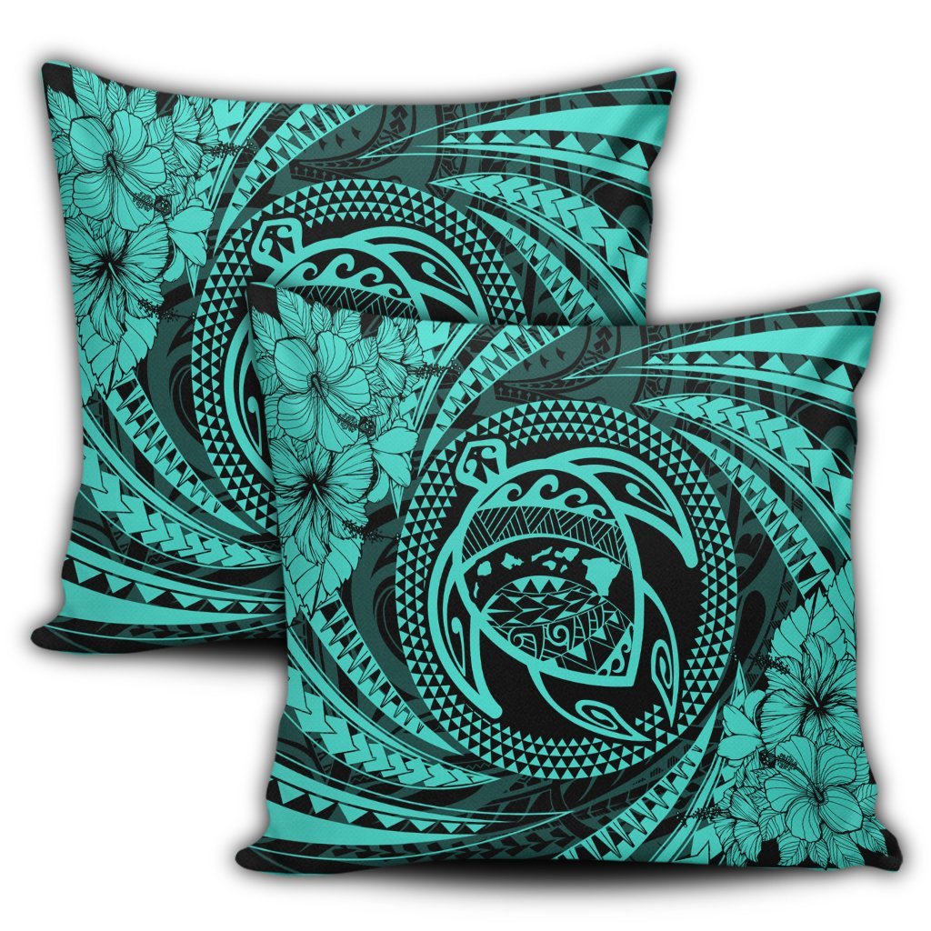 Hawaiian Kanaka Honu Hibiscus Tornando Polynesian Turquoise Pillow Covers - AH - Polynesian Pride
