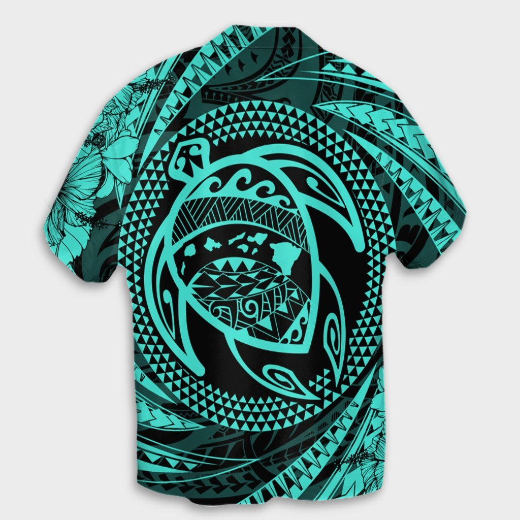 Hawaiian Kanaka Honu Hibiscus Tornando Polynesian Turquoise Hawaiian Shirt - AH - Polynesian Pride