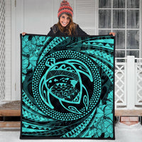 Hawaiian Kanaka Honu Hibiscus Tornando Polynesian Turquoise Premium Quilts - AH - Polynesian Pride