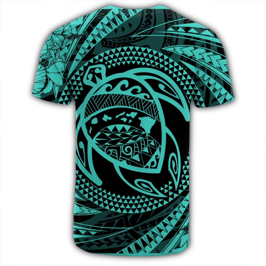 Hawaiian Kanaka Honu Hibiscus Tornando Polynesian Turquoise T Shirt - Polynesian Pride