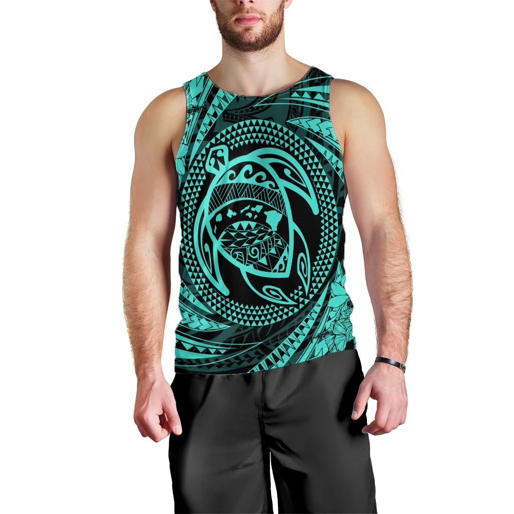 Hawaiian Kanaka Honu Hibiscus Tornando Polynesian Turquoise Tank Top - AH Black - Polynesian Pride