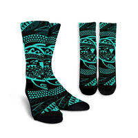 Hawaiian Kanaka Honu Hibiscus Tornando Polynesian Turquoise Crew Socks - AH Crew Socks White - Polynesian Pride
