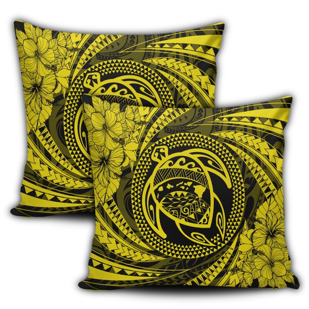 Hawaiian Kanaka Honu Hibiscus Tornando Polynesian Yellow Pillow Covers - AH - Polynesian Pride