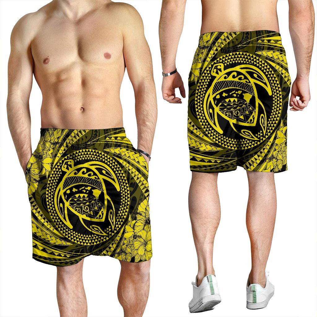 Hawaiian Kanaka Honu Hibiscus Tornando Polynesian Yellow Men's Shorts - AH - Polynesian Pride