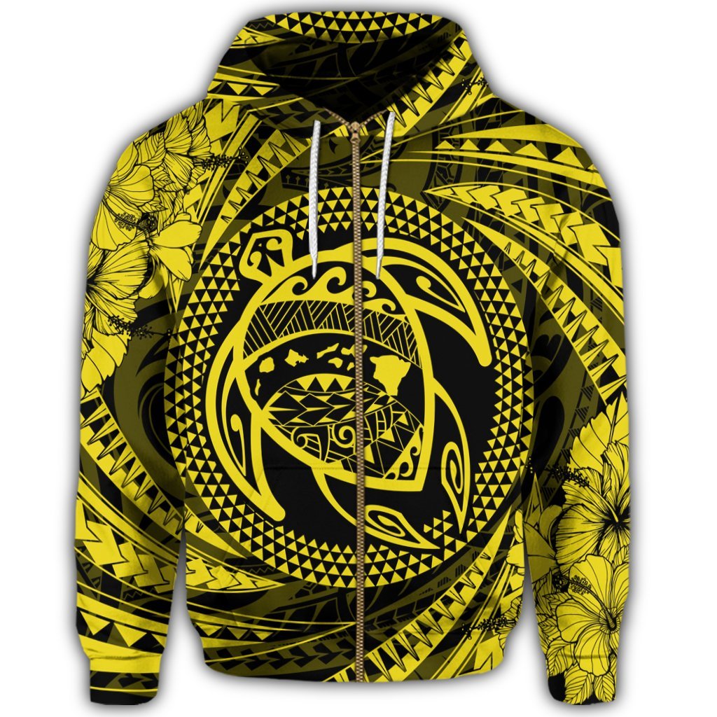 Hawaiian Kanaka Honu Hibiscus Tornando Polynesian Yellow Zip Hoodie - Polynesian Pride