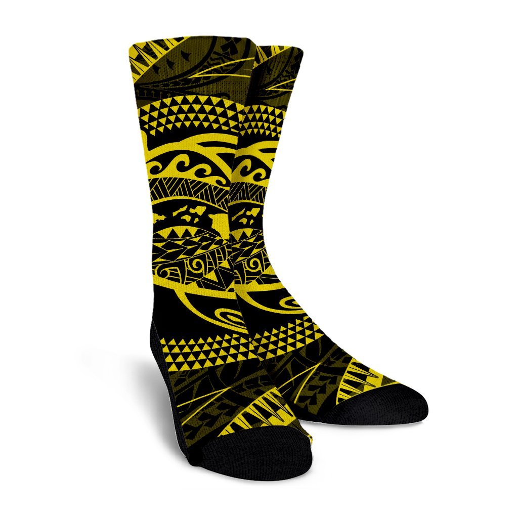 Hawaiian Kanaka Honu Hibiscus Tornando Polynesian Yellow Crew Socks - AH - Polynesian Pride