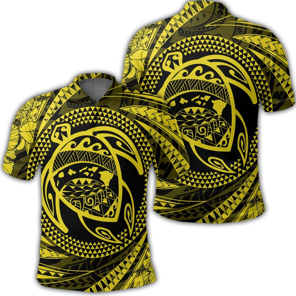 Hawaiian Kanaka Honu Hibiscus Tornando Polynesian Yellow Polo Shirt Unisex Black - Polynesian Pride