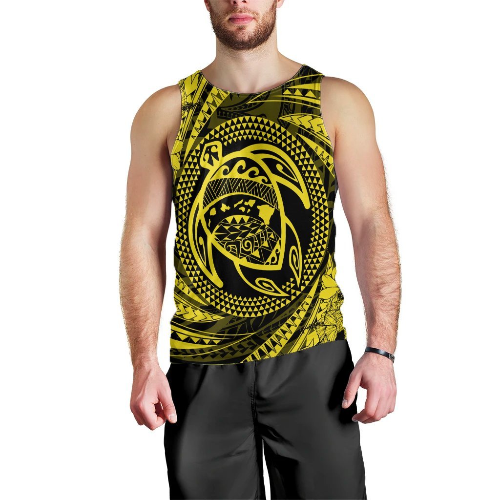 Hawaiian Kanaka Honu Hibiscus Tornando Polynesian Yellow Tank Top - AH Black - Polynesian Pride
