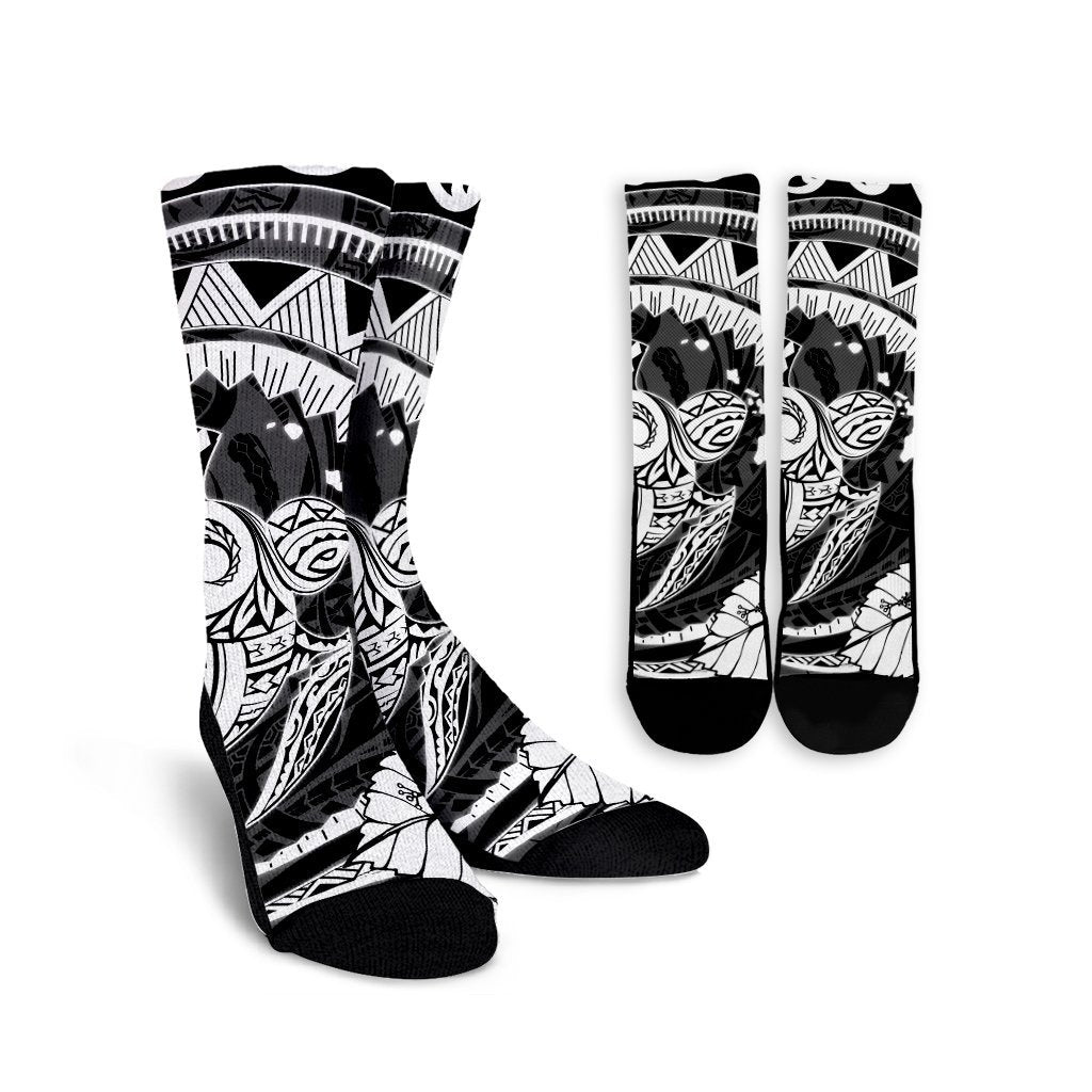 Hawaiian Kanaka Honu Map Hibiscus Globular Polynesian Crew Socks - AH Crew Socks White - Polynesian Pride