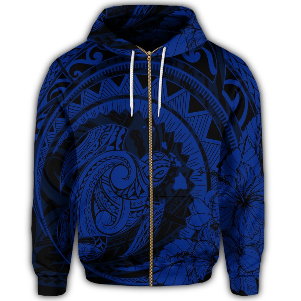 Hawaiian Kanaka Honu Map Hibiscus Globular Polynesian Blue Zip Hoodie - Polynesian Pride