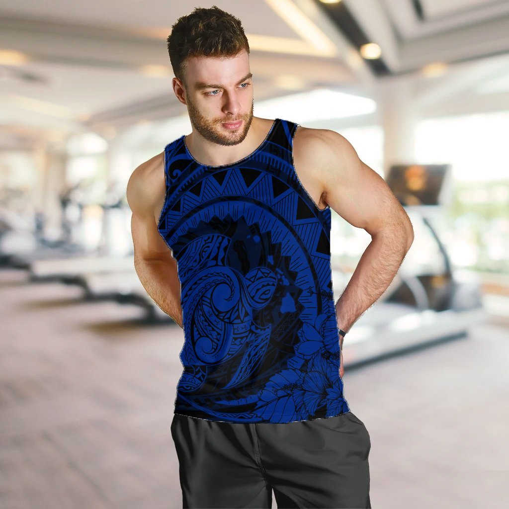Hawaiian Kanaka Honu Map Hibiscus Globular Polynesian Blue Tank Top - AH - Polynesian Pride