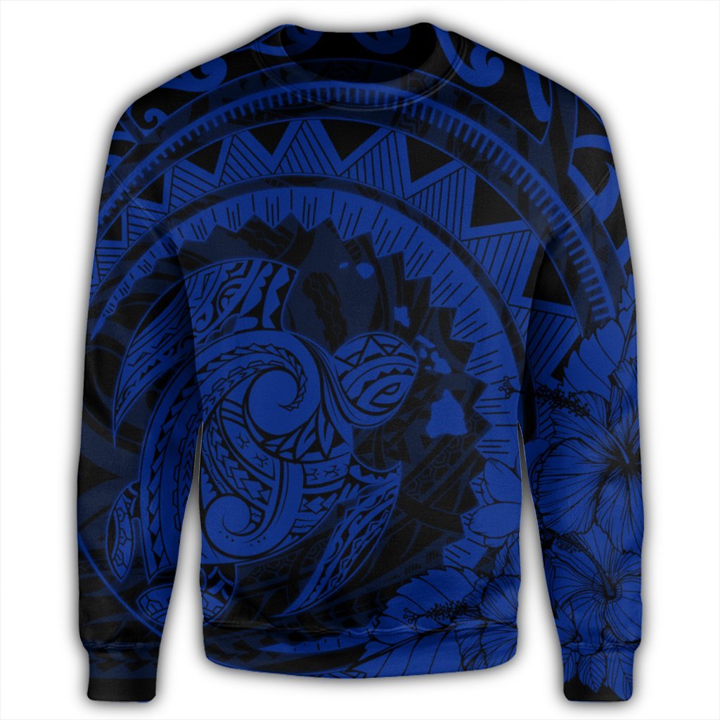 Hawaiian Kanaka Honu Map Hibiscus Globular Polynesian Blue Sweatshirt - AH - Polynesian Pride