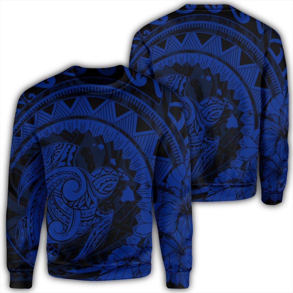 Hawaiian Kanaka Honu Map Hibiscus Globular Polynesian Blue Sweatshirt - AH Unisex Black - Polynesian Pride