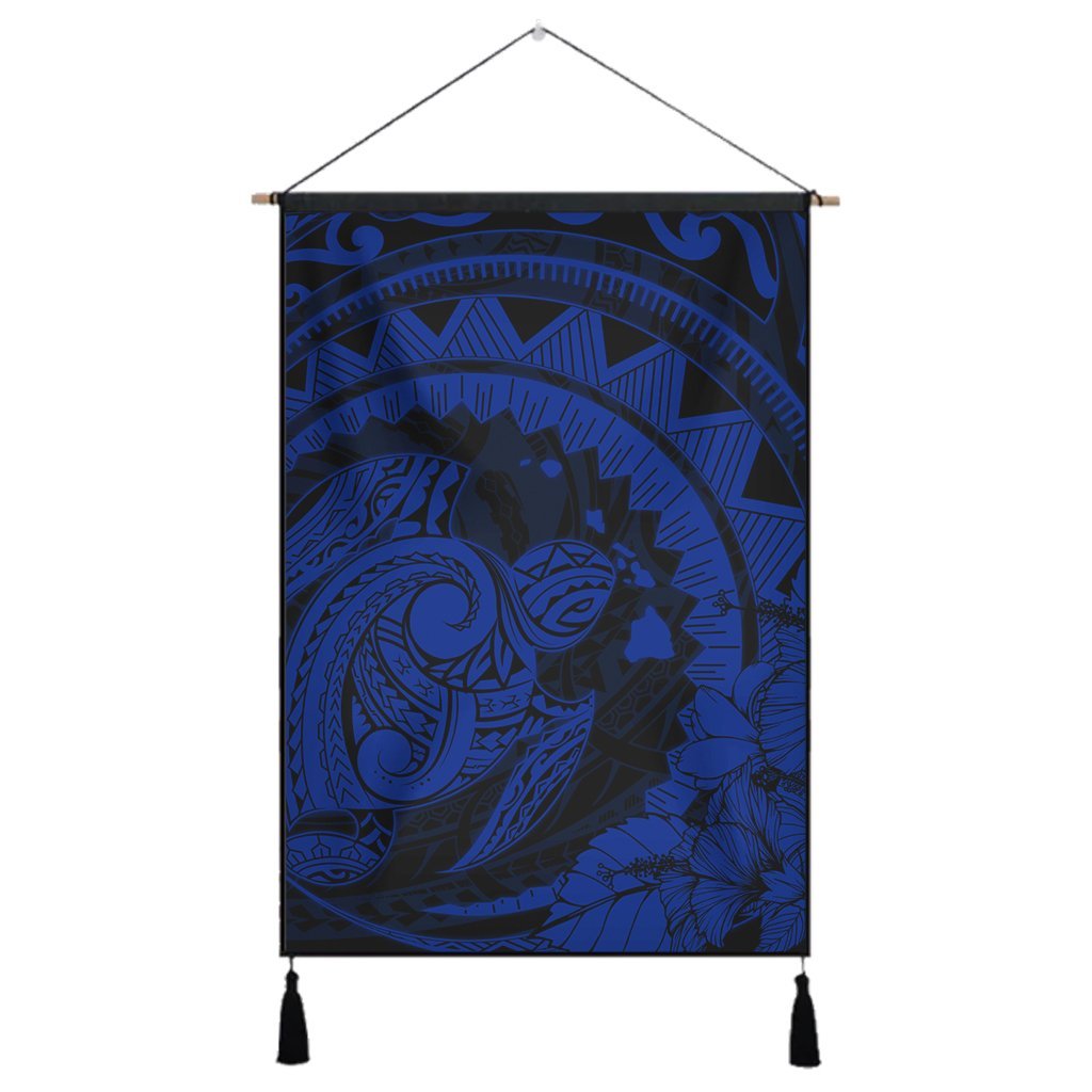 Hawaiian Kanaka Honu Map Hibiscus Globular Polynesian Blue Hanging Poster - AH Hanging Poster Cotton And Linen - Polynesian Pride