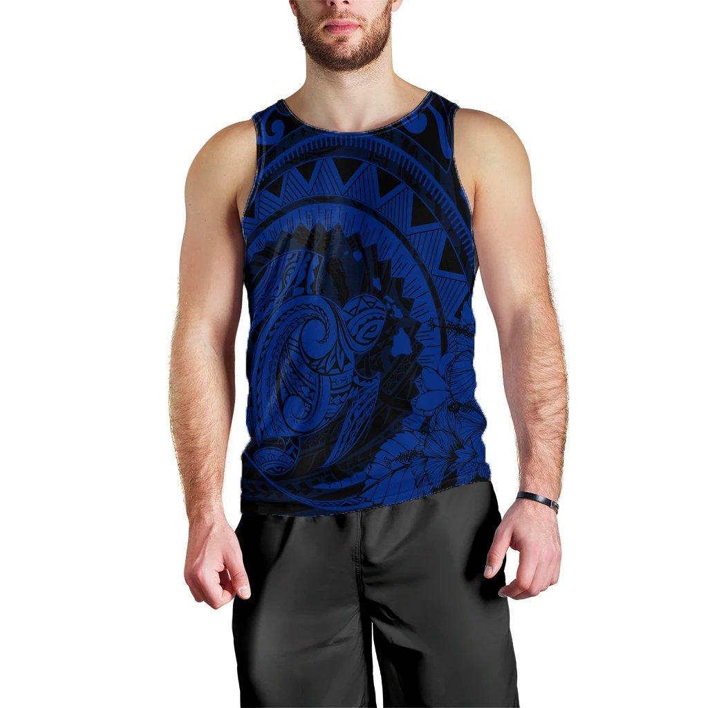 Hawaiian Kanaka Honu Map Hibiscus Globular Polynesian Blue Tank Top - AH Black - Polynesian Pride