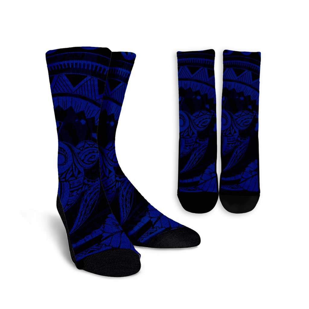 Hawaiian Kanaka Honu Map Hibiscus Globular Polynesian Blue Crew Socks - AH Crew Socks White - Polynesian Pride