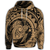Hawaiian Kanaka Honu Map Hibiscus Globular Polynesian Gold Zip Hoodie - Polynesian Pride