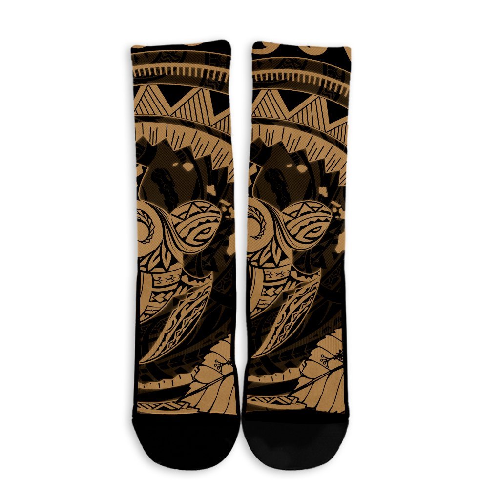 Hawaiian Kanaka Honu Map Hibiscus Globular Polynesian Gold Crew Socks - AH - Polynesian Pride