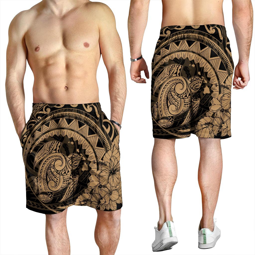 Hawaiian Kanaka Honu Map Hibiscus Globular Polynesian Gold Men's Shorts - AH - Polynesian Pride